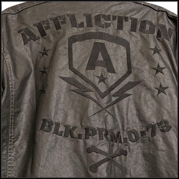AFFLICTION Black Premium 73 Vegan Leather Zip Up Moto Jacket Zipper Pockets L - Picture 10 of 11